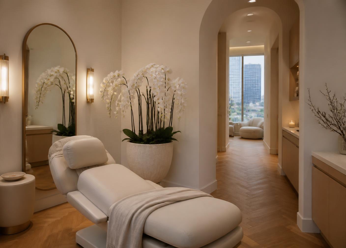 Interior of the Viva Cryo studio with a linen treatment bed and orchids